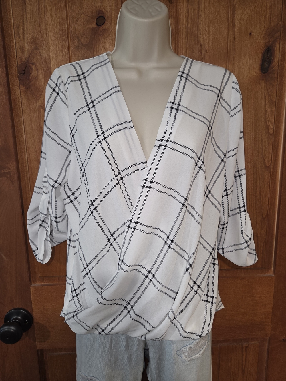 White Plaid Surplice Blouse with Roll-Tab Sleeves